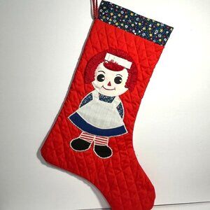 Vintage Handmade Raggedy Ann Quilted Christmas Stocking 1960s